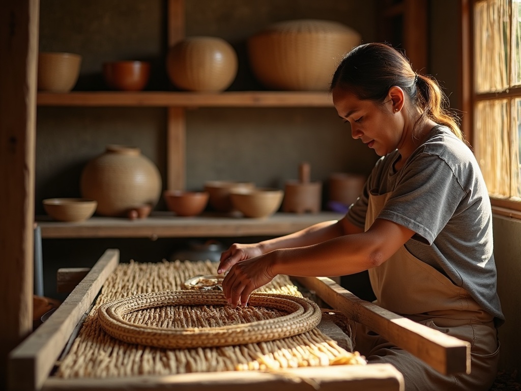 Artisan hands weaving rattan in a Bali handicraft workshop
