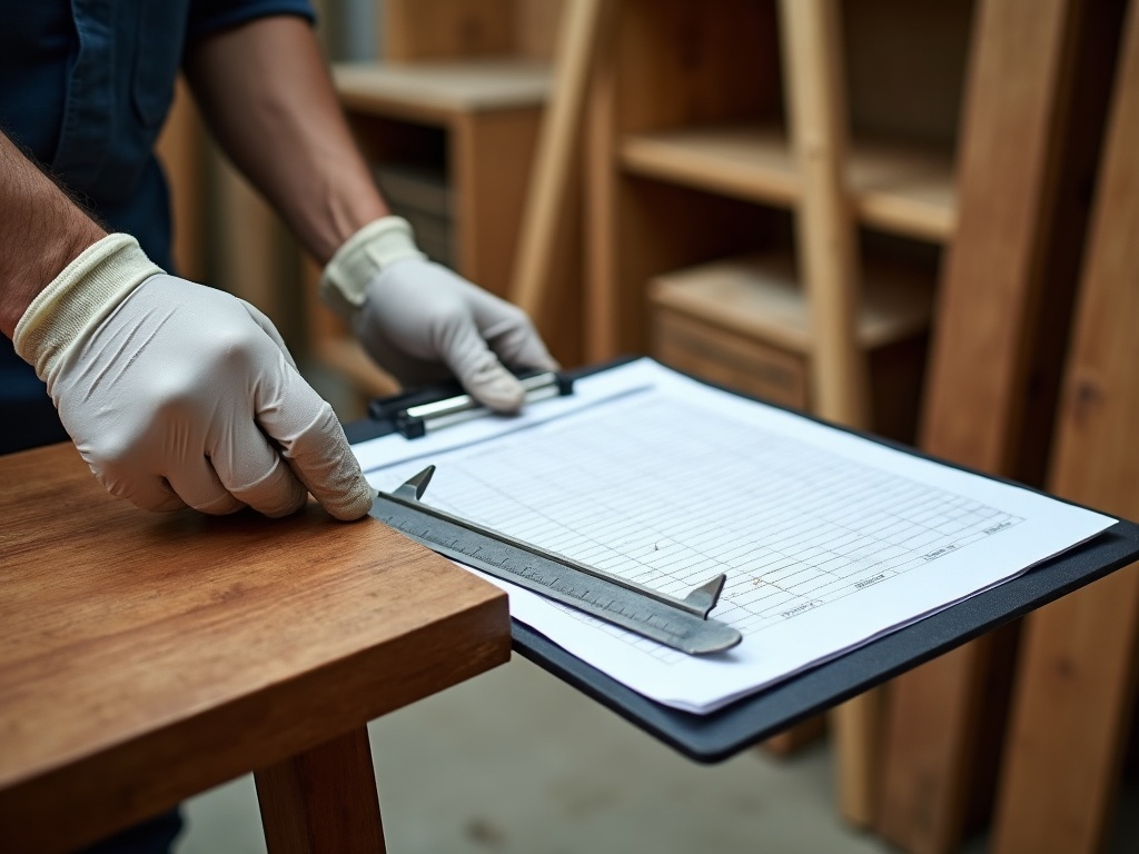 QC inspection of teak furniture with calipers and inspection clipboard